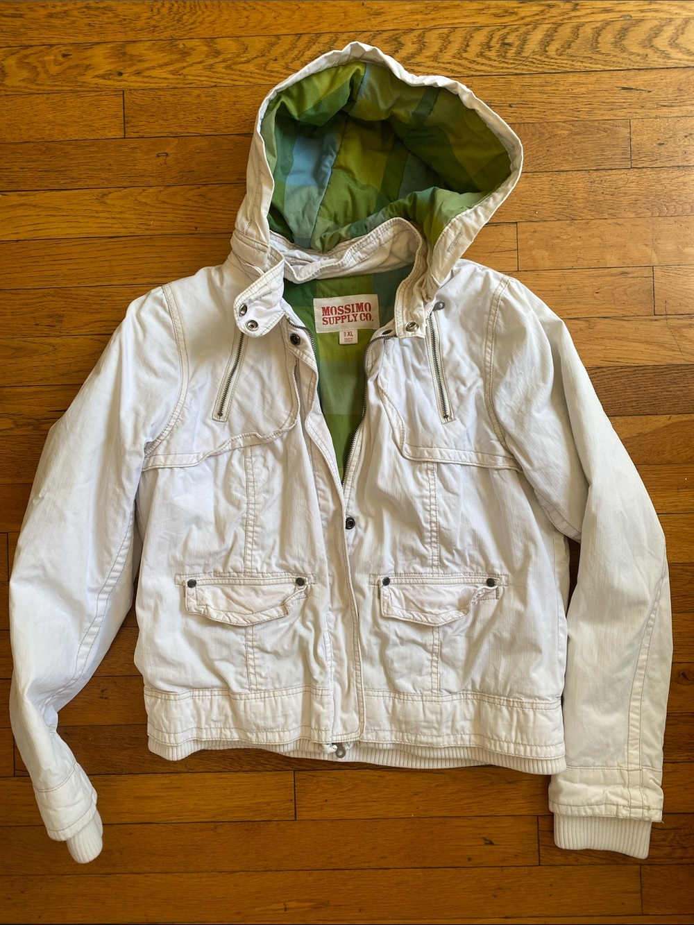 Mossimo Supply Co. Vintage Cream Hooded Jacket with Green Plaid Lining